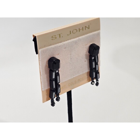 NEW NWT St. John Swarovski Crystal Gold Plated Black Drop Dangle Earrings Gift - Picture 3 of 7